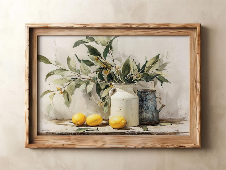 Printable Vintage Yellow Lemon Wall Art Print, Rustic Still Life Oil Painting, Farmhouse Kitchen Decor, Digital Download image 10