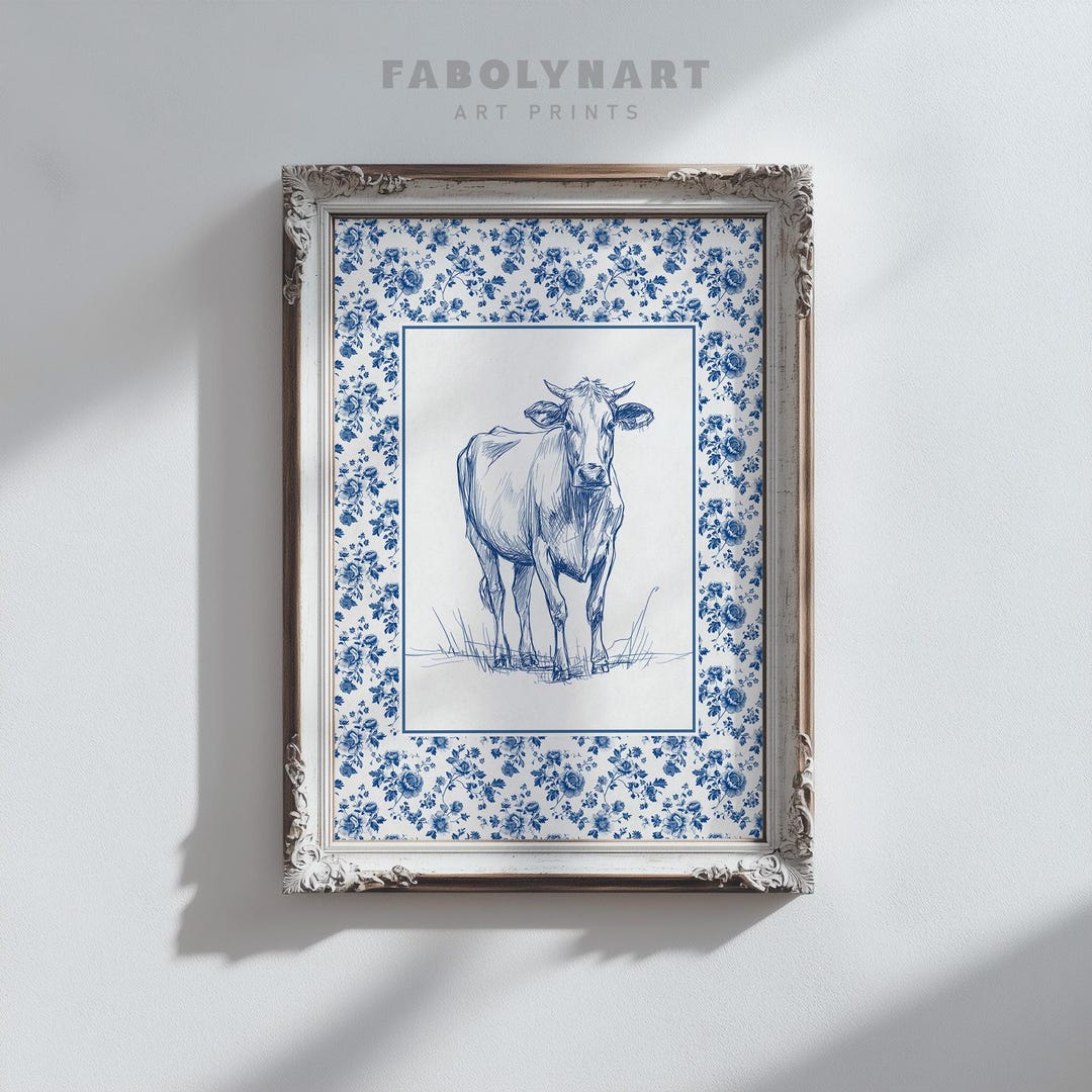 Floral Cow Wall Art Print, Blue Chinoiserie Farm Animal Sketch Painting ...
