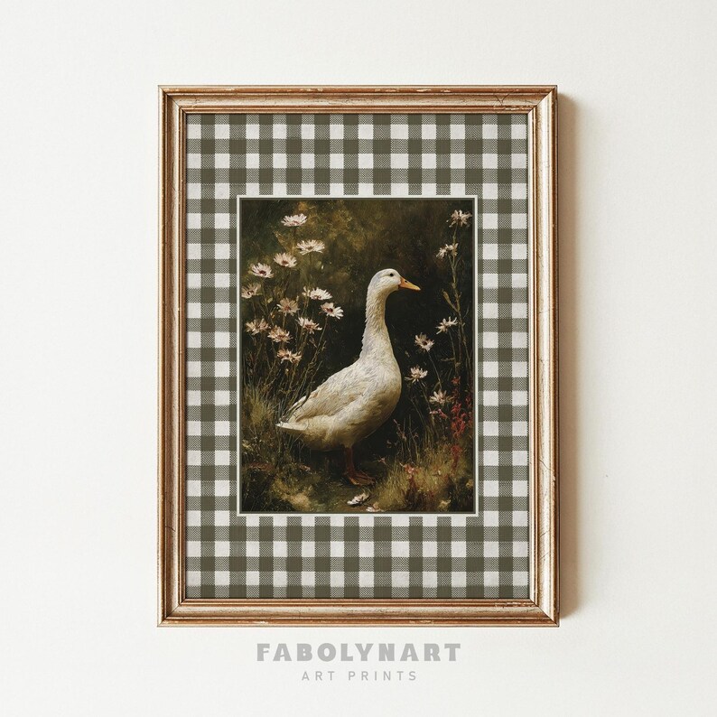 Vintage Goose Print, Moody Geese Wall Art, Neutral Dark Academia Home Decor, Rustic Gingham Art image 7