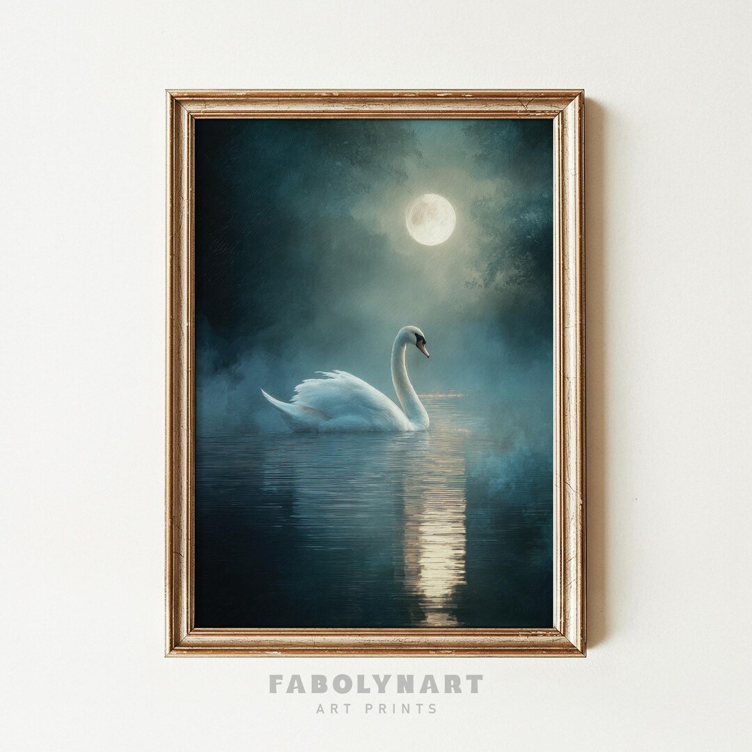 Swan on Moonlit Lake Wall Art Print, Full Moon Lakeside Decor, Dark ...