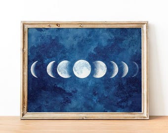 Moon Phases Wall Art Print, Phases of Moon Watercolor Painting, Indigo Blue Celestial Decor