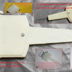 May include: Off-white knitting transfer tool with multiple needles and a long handle. The tool has a rectangular body with several metal needles extending from one side. Additional smaller tools are shown in the image.