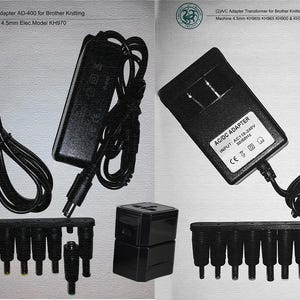 May include: Black AC/DC adapters and transformers for Brother Knitting machines. The image shows two adapters with attached cords, along with a set of black connector plugs. Text on the adapters reads "AC/DC ADAPTER".