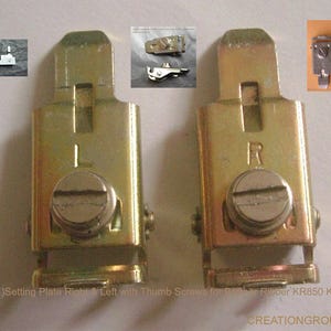 May include: Two gold-colored metal setting plates with thumb screws, labeled "L" and "R". The image includes smaller inset photos of additional metal components. Text on the image reads "(1) Setting Plate Right & Left with Thumb Screws for Bilder KR850 KR900".