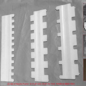 May include: Several white plastic needle pushers are shown, with varying sizes, against a grey backdrop. The image includes close-ups with text detailing different sets of pushers for sewing machines. The pushers have a notched design.
