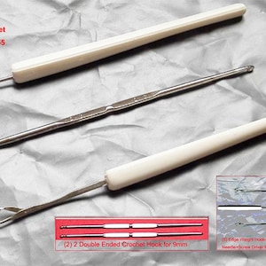 May include: A set of knitting tools, including crochet hooks and a rotary hook, with text that reads "(4) Crochet Hook+Work Hook+Latch Tool Set for Brother Singer 9mm KH260 KH270 SK155" and "(7) Japan Kotan L-Sized Rotary Hook". The tools have white handles and silver metal components.
