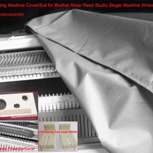 以下が含まれることがあります： 編み機にかぶせられたグレーの編み機カバー。画像には、クリーム色のコントロールパネル、針保護カバー、リフティングカムレバーなど、機械部品のクローズアップが含まれています。画像には「Knitting Machine Cover/Suit」と「CREATIVECOUNTER」と書かれています。