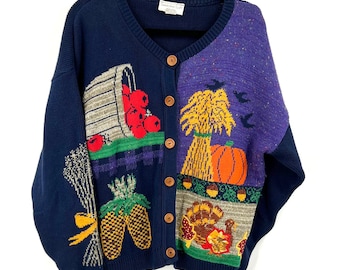 Vintage Sweater Loft Fall Knit Embroidered Sweater Cardigan USA Made Women Large