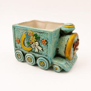 Vintage D-Ann Japan ABC Train Ceramic Planter Turquoise Lion Nursery 60-012