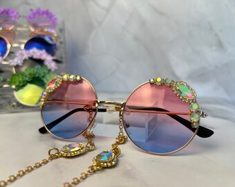 Lunettes de soleil ombrées pour princesse - Lunettes de soleil rondes Festival Bling - Strass colorés, lunettes de soleil rave estivales amusantes