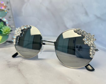 Silver Fireworks Round Sunnies - Festival Bling-zonnebril - Kleurrijke strass-leuke zomerse rave-tinten