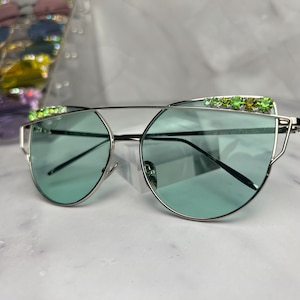 Green Kitty Sunnies - Festival Bling Cateye rave Sunglasses - Colorful cat eye rhinestone fun summer concert accessory shades