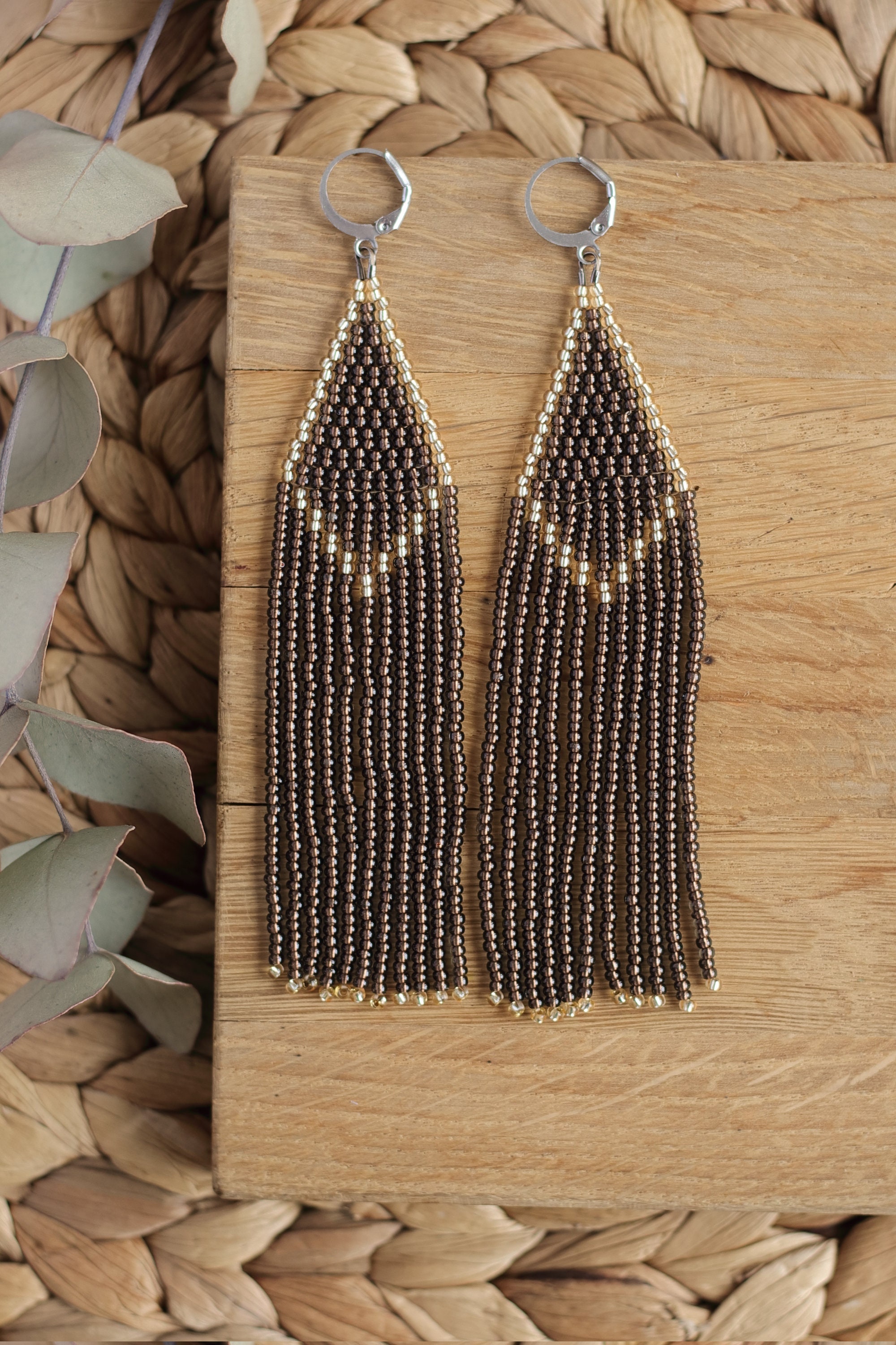 Brown beaded earrings dangle metallic earrings boho | Etsy