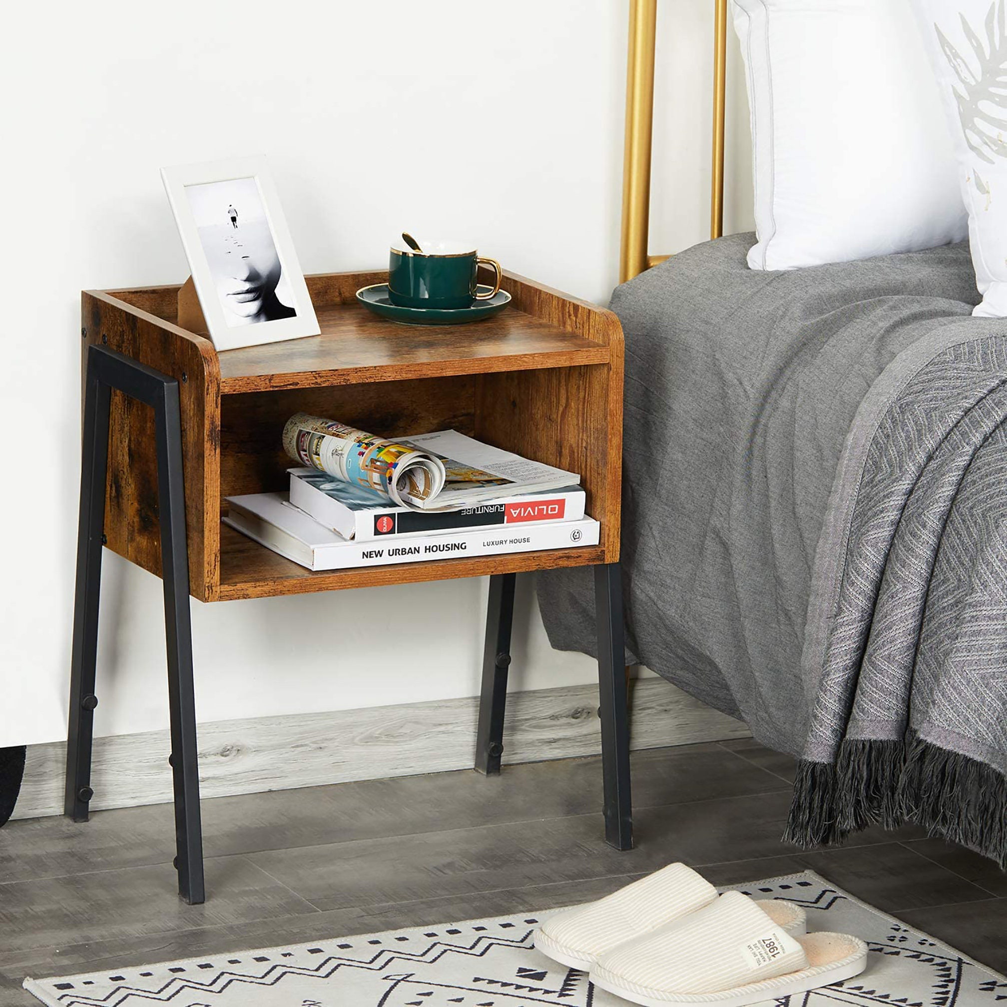 Retro Mid Century Modern Side Table | Wood Look Accent Table with Metal Frame | Rustic Brown Night Stand