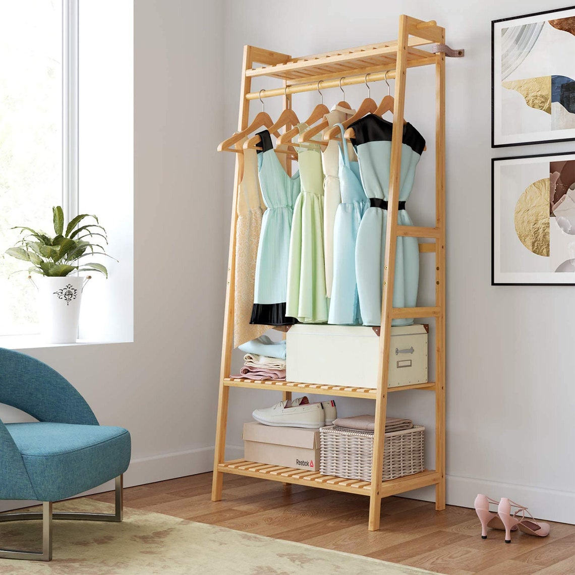 Contemporary Bamboo Clothes Rack Heavy Duty Garment Rack Etsy