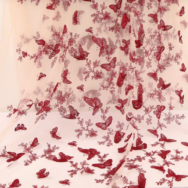 Wine Red Butterflies Embroidered Lace Fabric Ivory Mesh Butterfly Appliqued Wedding Clothing Dressing making- sold by yard