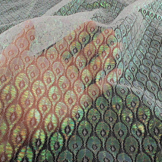 Iridescent Nylon Net Fabric Multicolor Peacock Feather Style