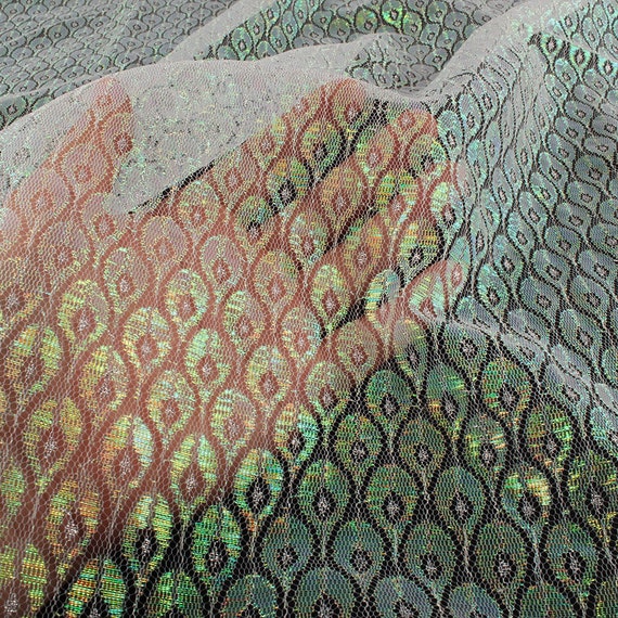 Iridescent Nylon Net Fabric Multicolor Peacock Feather Style