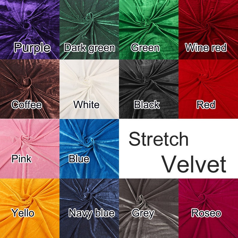 Op de afbeelding: Een kleurstaal met 12 verschillende kleuren stretch-fluweelstof. De kleuren zijn: paars, donkergroen, groen, wijnrood, koffie, wit, zwart, rood, roze, blauw, geel, donkerblauw, grijs en roze.