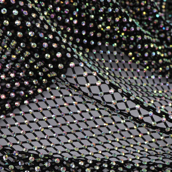 Tissu strass de couleur AB exquis, maille extensible en cristal scintillant irisé pour la fabrication de sacs à vêtements, décorations de fête - échantillons disponibles