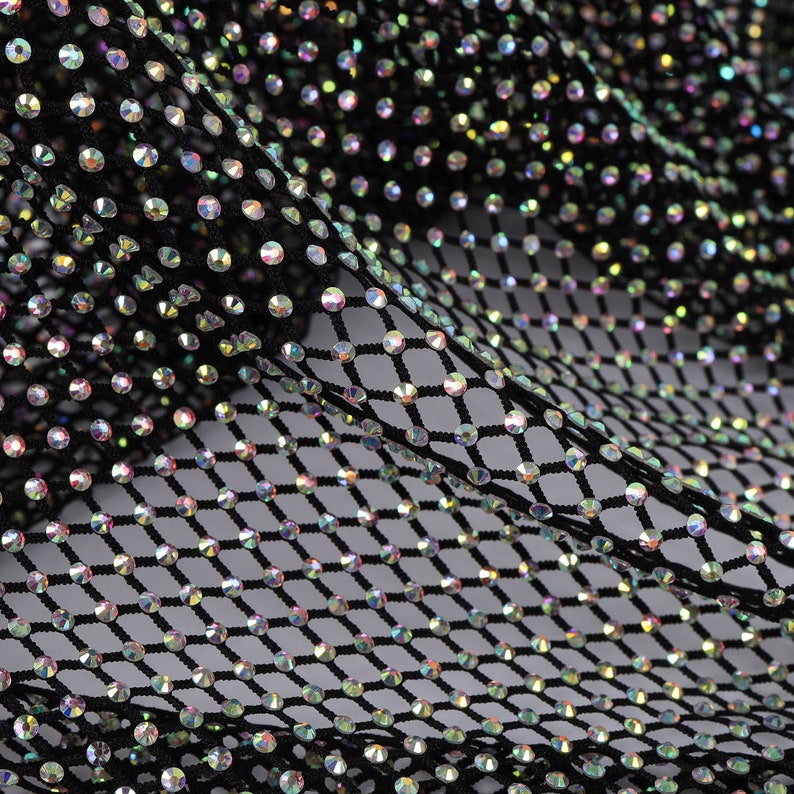 Iridescent Rhinestone Exquisite AB Color Rhinestone Fabric Iridescent Bling Crystal Stretchy ...