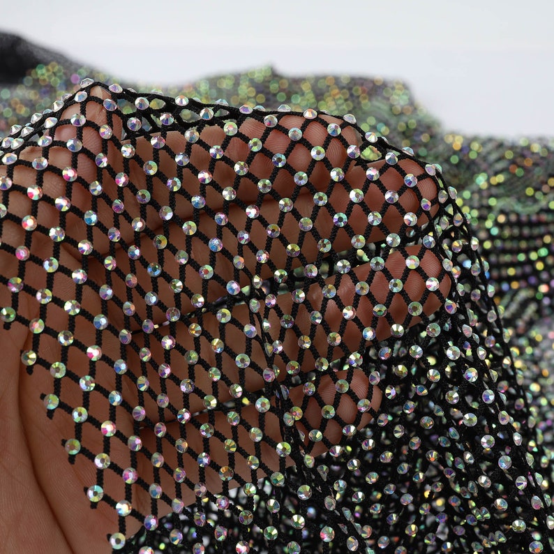Iridescent Rhinestone Exquisite AB Color Rhinestone Fabric Iridescent Bling Crystal Stretchy ...