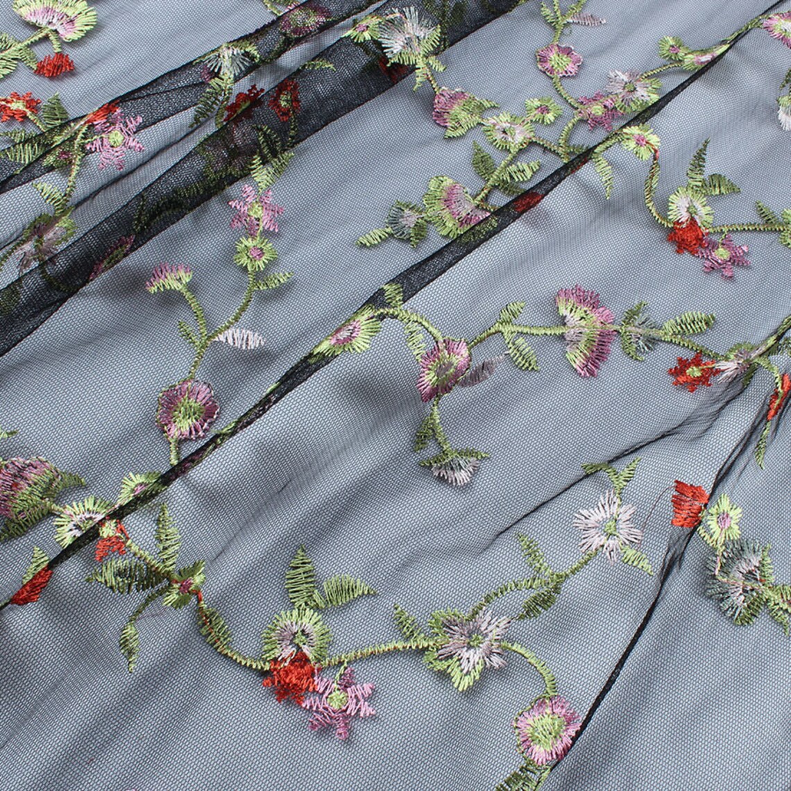 Allover Embroidered Floral Gauze Lace Net Fabric Flowers Etsy