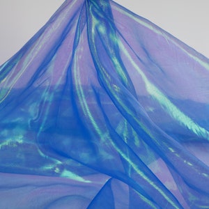 Blue -  Bright Shiny Holographic Iridescent color shimmer voile organza fabric for dress making 60 inch - sold by the yard