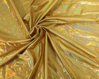 Oro - Tejido de spandex holográfico metálico elástico de 2 vías Color iridiscente Ropa de baile Legging Fabricación de prendas de vestir
