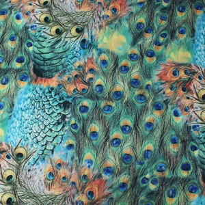 May include: A colorful fabric with a peacock feather pattern. The feathers are blue, green, and orange with eye-like markings.