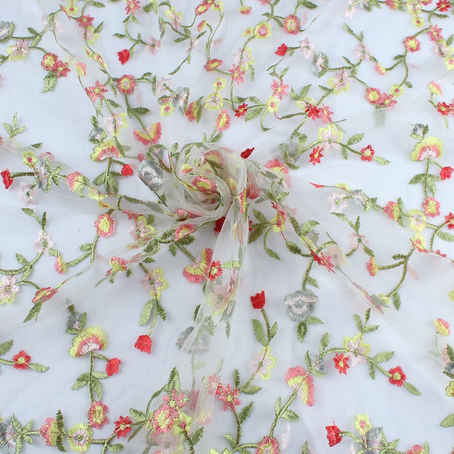 Allover Embroidered Floral Gauze Lace Net Fabric Flowers Etsy