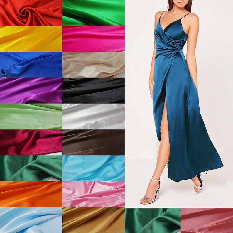 May include: A collection of 18 different colors of satin fabric swatches. The swatches are arranged in a grid pattern. Each swatch is approximately 10 inches wide and 12 inches long.