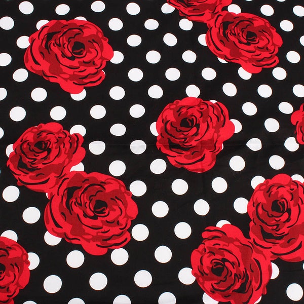 1 Yard Roses rouges fleurs points motif Tissu sergé de coton pour faire des vêtements chemisier chapeaux bricolage couture 145cm