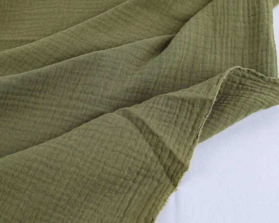Olive Green 2-layered Crinkle Cotton Gauze Muslin Fabric 135cm