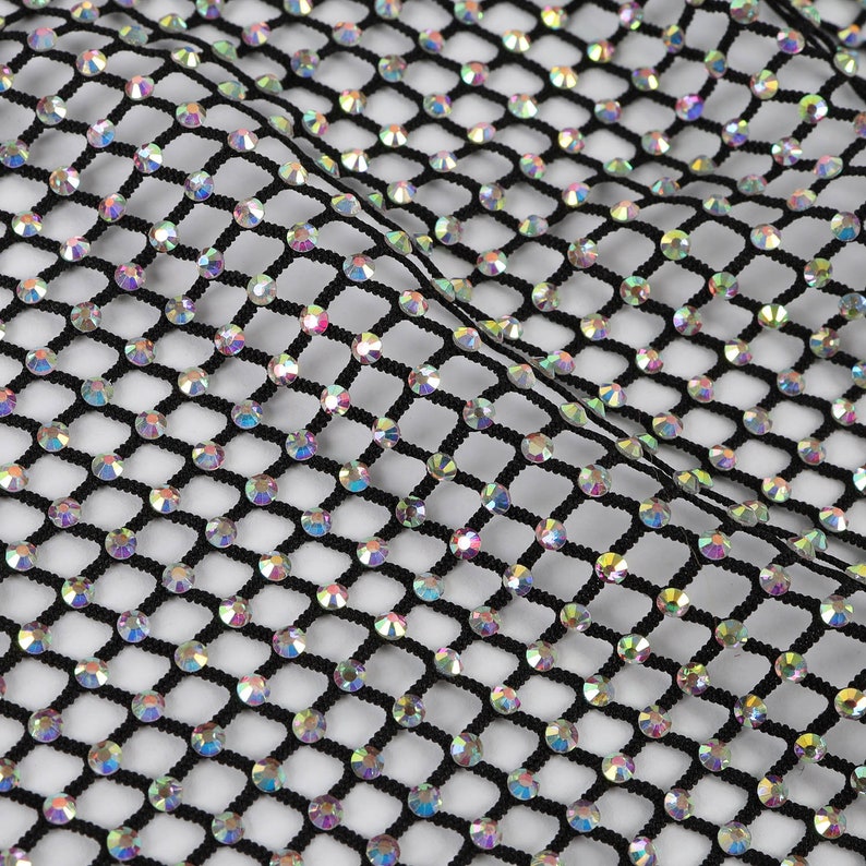 Iridescent Rhinestone Exquisite AB Color Rhinestone Fabric Iridescent Bling Crystal Stretchy ...