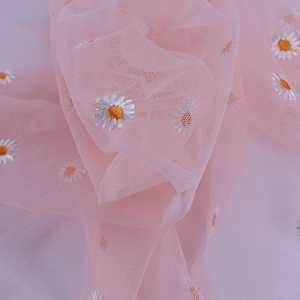 Pink - Small Daisy Mesh Fabric Flowers embroidered Netting Cloth For Clothing Curtains Tutu dressmaking by the yard
