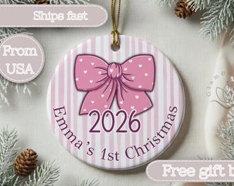 Baby Girl First Christmas Ornament , Personalized Pink Bow Ornament, Baby's 1st Christmas Gift, New Baby Keepsake