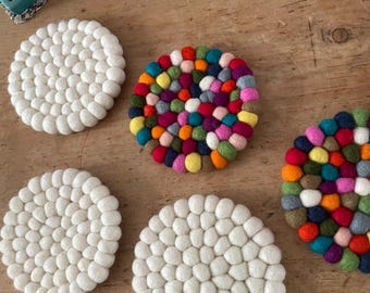 Handmade Felt Ball Coasters – Colourful or Natural | Wholesale Available