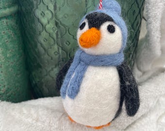 Needle Felted Penguin Ornament | Wool Winter Decor with Blue Hat