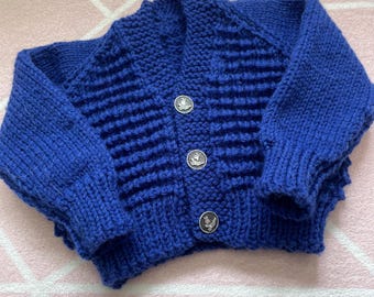 Personalized Hand-Embroidered Baby Cardigan: Royal Blue Knitwear
