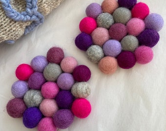Handmade Felt Ball Coasters: Chunky Hexagon Trivet, Plant Pot Stand