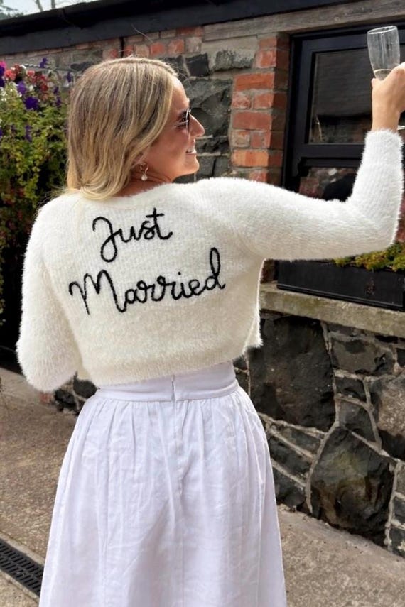 Embroidered Wedding Cardigan: Personalised Bride Gift, Just Married