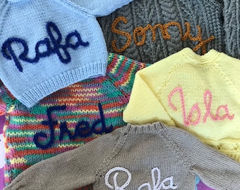 Personalized Hand Embroidered Baby Cardigan or Jumper: Custom Knit. EXAMPLES