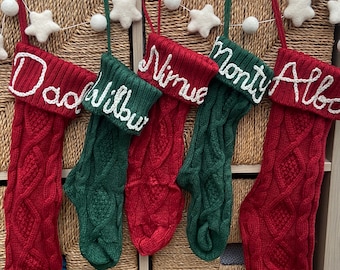 Personalized Knitted Christmas Stocking: Hand Embroidered Cable Knit