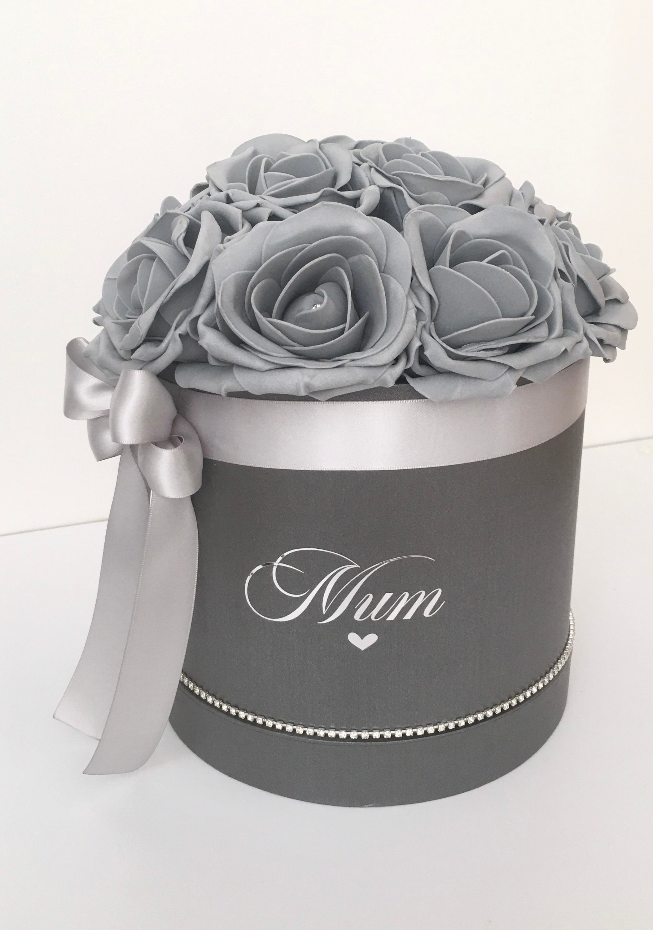 Foam roses in a grey hat box. Mothers Day gift. Etsy