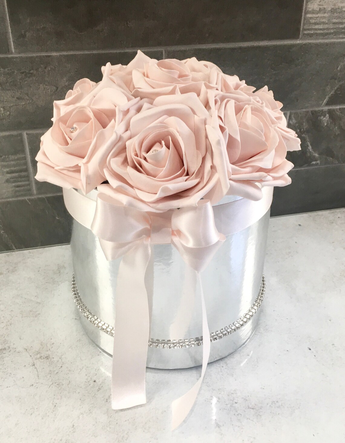 Artificial Flowers in a Hat Box Foam Roses in a Chrome Silver Etsy