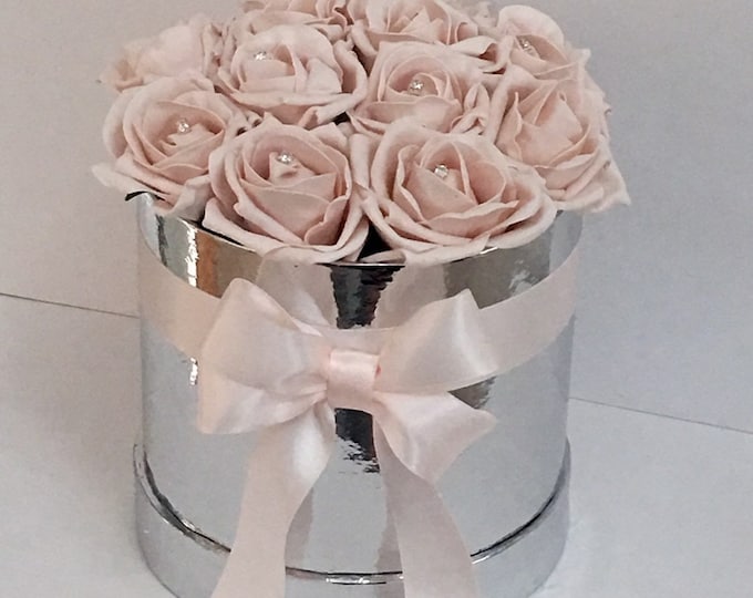 Artificial Flowers in a Hat Box Foam Roses in a Chrome Silver Hat Box