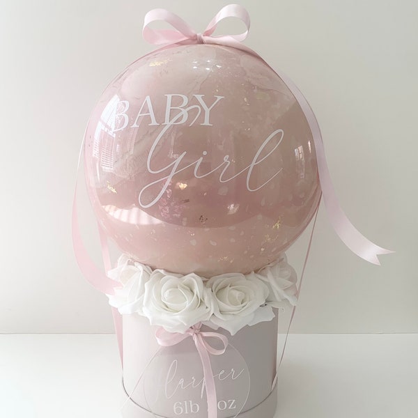 Bobo bubble balloon   Marble effect with foam roses in a  hat box. Personalised with any message