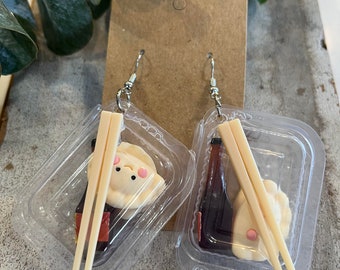 Dumpling Earrings, Dangle Earrings, Drop Earrings, Acrylic Earrings, Resin Earrings, Chop Sticks, Soy Sauce, Food, Fun Earrings