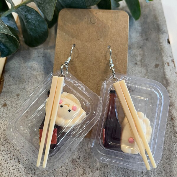 Dumpling Earrings, Dangle Earrings, Drop Earrings, Acrylic Earrings, Resin Earrings, Chop Sticks, Soy Sauce, Food, Fun Earrings